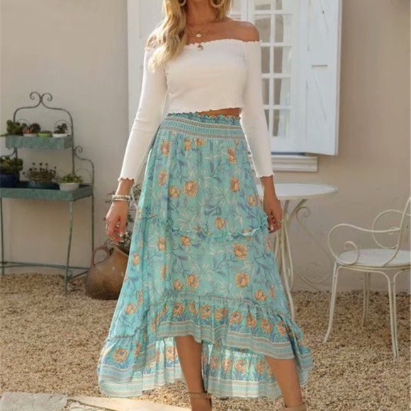 mint Boho Hippie Gypsy Floral HI LOw Maxi Dress - Picture 3 of 7